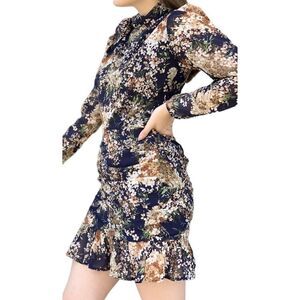 MinkPink Brigette Navy Floral Ruched Long Sleeve Mini Dress Size XS NEW